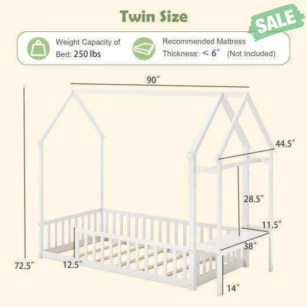 Twin House Floor Bed Montessori Bed Frame with Storage Shelf-White Toddler Beds