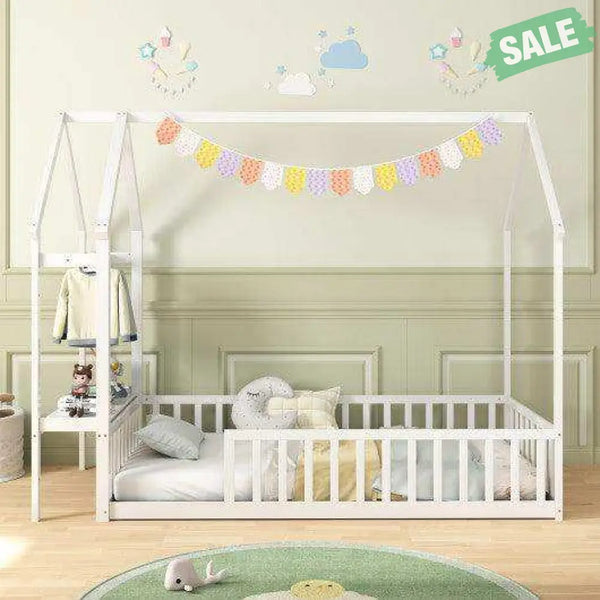 Twin House Floor Bed Montessori Bed Frame with Storage Shelf-White Toddler Beds