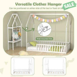 Twin House Floor Bed Montessori Bed Frame with Storage Shelf-White Toddler Beds