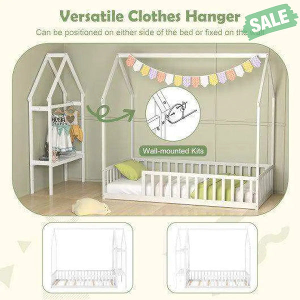Twin House Floor Bed Montessori Bed Frame with Storage Shelf-White Toddler Beds