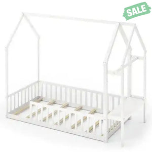 Twin House Floor Bed Montessori Bed Frame with Storage Shelf-White Toddler Beds