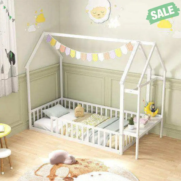 Twin House Floor Bed Montessori Bed Frame with Storage Shelf-White Toddler Beds