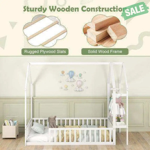 Twin House Floor Bed Montessori Bed Frame with Storage Shelf-White Toddler Beds