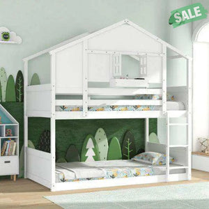 Twin Over Twin Bunk Bed for Kids with Roof and Lockable Window-White Toddler Beds