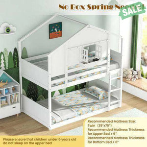 Twin Over Twin Bunk Bed for Kids with Roof and Lockable Window-White Toddler Beds