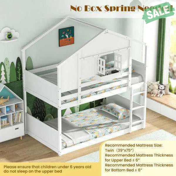 Twin Over Twin Bunk Bed for Kids with Roof and Lockable Window-White Toddler Beds