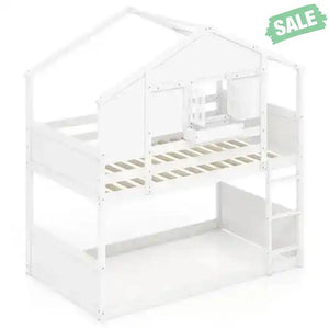 Twin Over Twin Bunk Bed for Kids with Roof and Lockable Window-White Toddler Beds