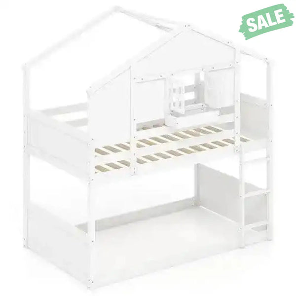 Twin Over Twin Bunk Bed for Kids with Roof and Lockable Window-White Toddler Beds