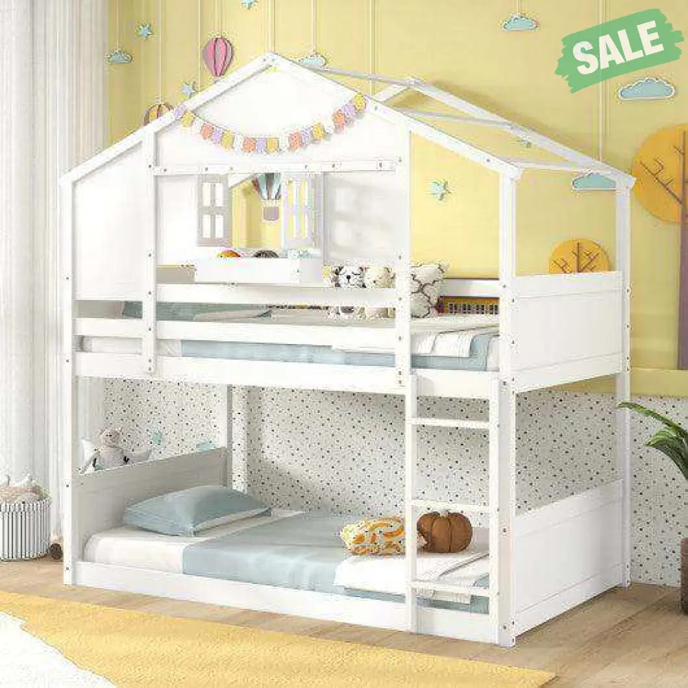 Twin Over Twin Bunk Bed for Kids with Roof and Lockable Window-White Toddler Beds