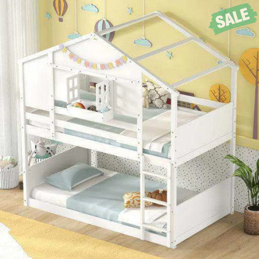 Twin Over Twin Bunk Bed for Kids with Roof and Lockable Window-White Toddler Beds