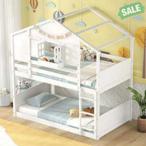 Twin Over Twin Bunk Bed for Kids with Roof and Lockable Window-White Toddler Beds