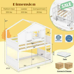 Twin Over Twin Bunk Bed for Kids with Roof and Lockable Window-White Toddler Beds
