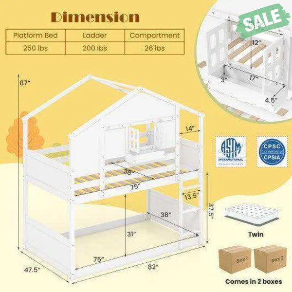 Twin Over Twin Bunk Bed for Kids with Roof and Lockable Window-White Toddler Beds