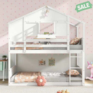 Twin Over Twin Bunk Bed for Kids with Roof and Lockable Window-White Toddler Beds