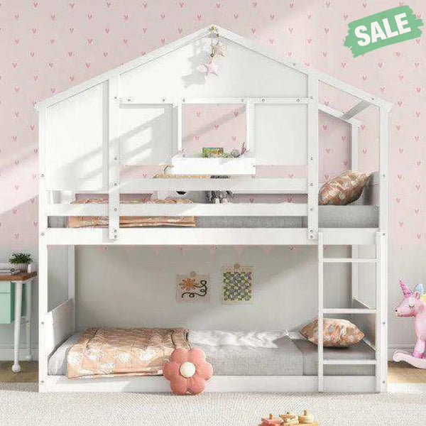 Twin Over Twin Bunk Bed for Kids with Roof and Lockable Window-White Toddler Beds