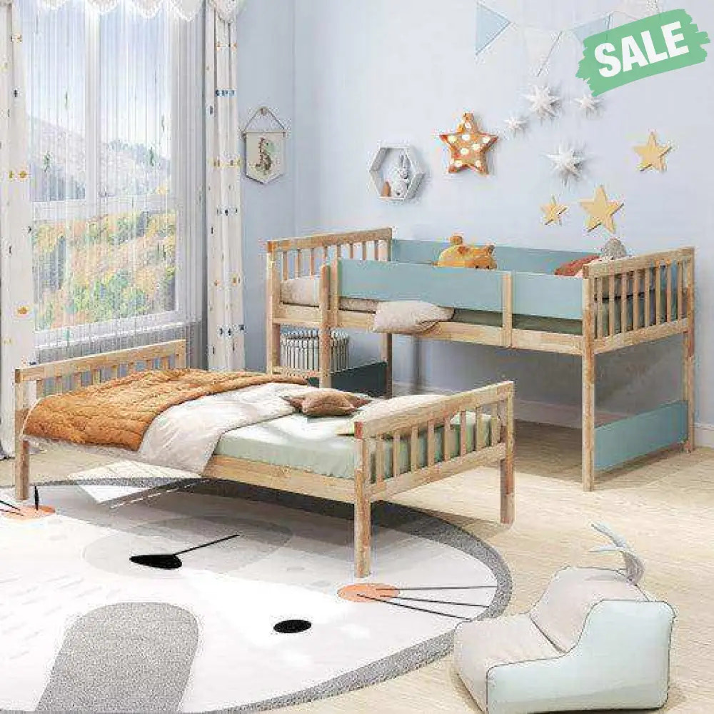 Twin Over Twin Bunk Bed with Ladder and Full-length Guardrails-Natural Toddler Beds