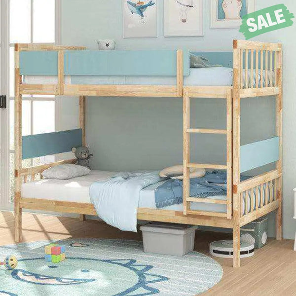 Twin Over Twin Bunk Bed with Ladder and Full-length Guardrails-Natural Toddler Beds