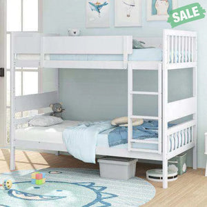Twin Over Twin Bunk Bed with Ladder and Full-length Guardrails-Natural Toddler Beds
