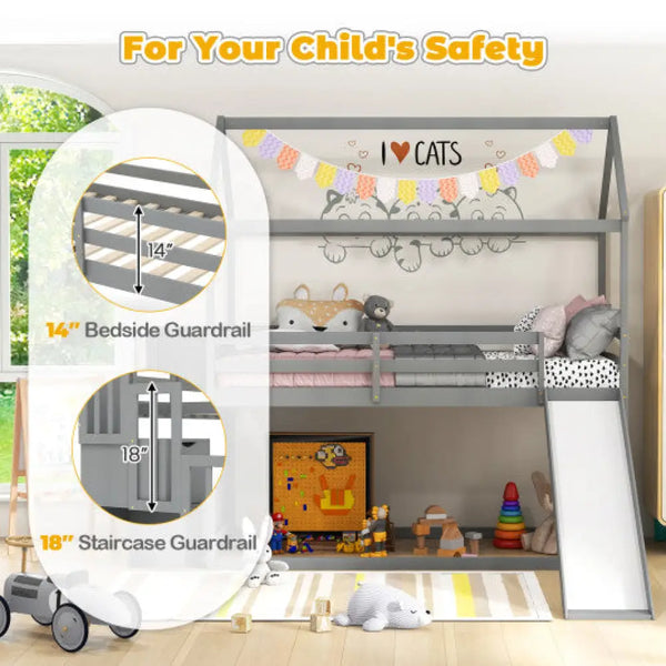 Twin over Twin Bunk Bed with Slide and 2-Step Storage Staircase-Espresso Gray Toddler Beds