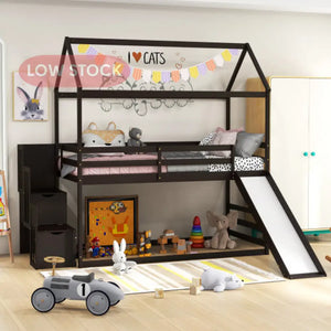 Twin over Twin Bunk Bed with Slide and 2-Step Storage Staircase-Espresso Toddler Beds