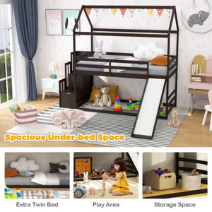 Twin over Twin Bunk Bed with Slide and 2-Step Storage Staircase-Espresso Espresso Toddler Beds