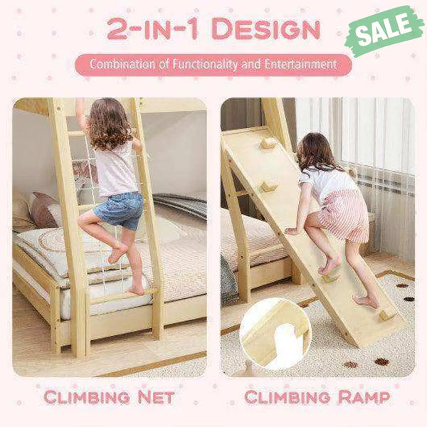 Twin Over Queen Bunk Bed Wooden Kids Bed with Climbing Nets and Ramp-Natural Toddler Beds