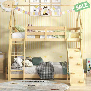 Twin Over Queen Bunk Bed Wooden Kids Bed with Climbing Nets and Ramp-Natural Toddler Beds