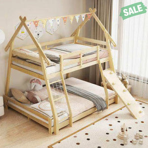 Twin Over Queen Bunk Bed Wooden Kids Bed with Climbing Nets and Ramp-Natural Toddler Beds