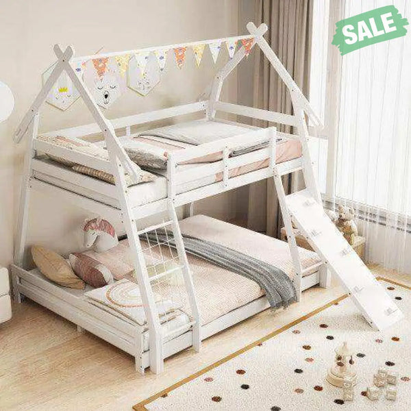 Twin Over Queen Bunk Bed Wooden Kids Bed with Climbing Nets and Ramp-Natural Toddler Beds
