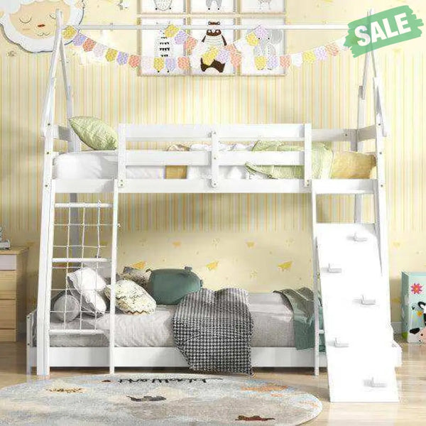 Twin Over Queen Bunk Bed Wooden Kids Bed with Climbing Nets and Ramp-Natural Toddler Beds