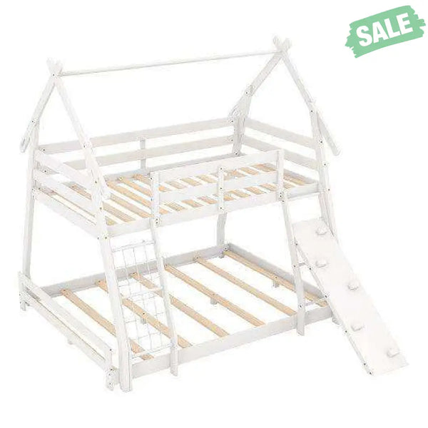 Twin Over Queen Bunk Bed Wooden Kids Bed with Climbing Nets and Ramp-Natural Toddler Beds