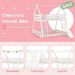 Twin Over Queen Bunk Bed Wooden Kids Bed with Climbing Nets and Ramp-Natural Toddler Beds