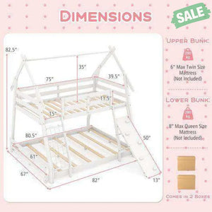 Twin Over Queen Bunk Bed Wooden Kids Bed with Climbing Nets and Ramp-Natural Toddler Beds