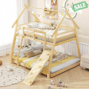 Twin Over Queen Bunk Bed Wooden Kids Bed with Climbing Nets and Ramp-Natural Toddler Beds