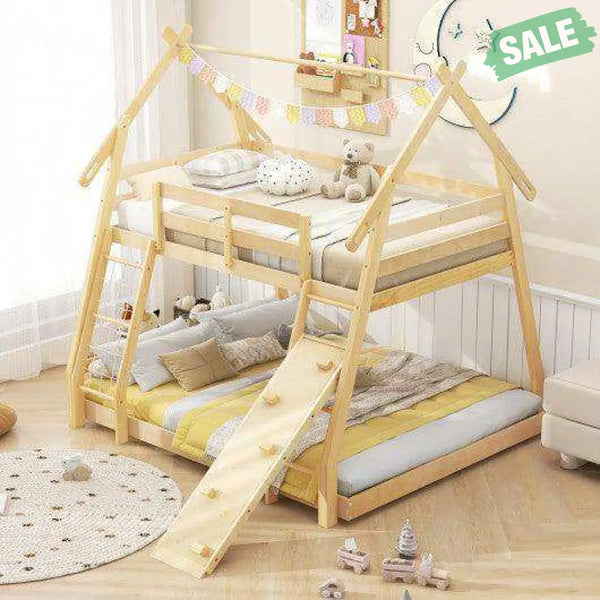 Twin Over Queen Bunk Bed Wooden Kids Bed with Climbing Nets and Ramp-Natural Toddler Beds