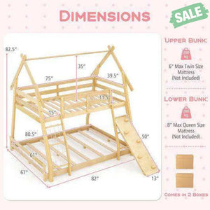 Twin Over Queen Bunk Bed Wooden Kids Bed with Climbing Nets and Ramp-Natural Toddler Beds
