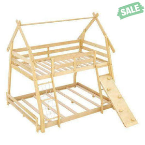 Twin Over Queen Bunk Bed Wooden Kids Bed with Climbing Nets and Ramp-Natural Toddler Beds