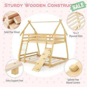Twin Over Queen Bunk Bed Wooden Kids Bed with Climbing Nets and Ramp-Natural Natural Toddler Beds