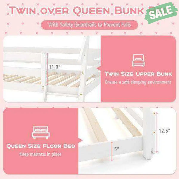 Twin Over Queen Bunk Bed Wooden Kids Bed with Climbing Nets and Ramp-Natural White Toddler Beds