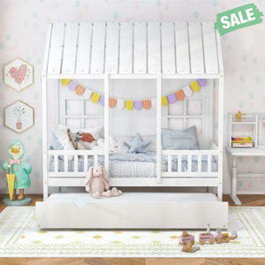 Twin Size Bed Frame House Bed with Trundle and 82 Inch Tall Roof-Gray Toddler Beds