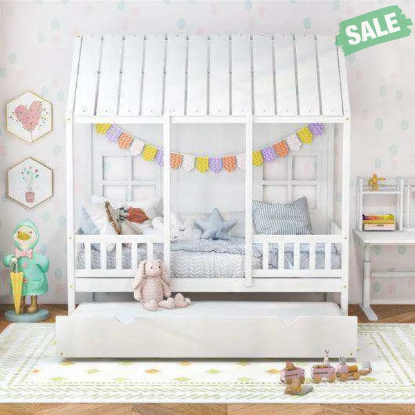 Twin Size Bed Frame House Bed with Trundle and 82 Inch Tall Roof-Gray Toddler Beds