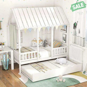 Twin Size Bed Frame House Bed with Trundle and 82 Inch Tall Roof-Gray Toddler Beds
