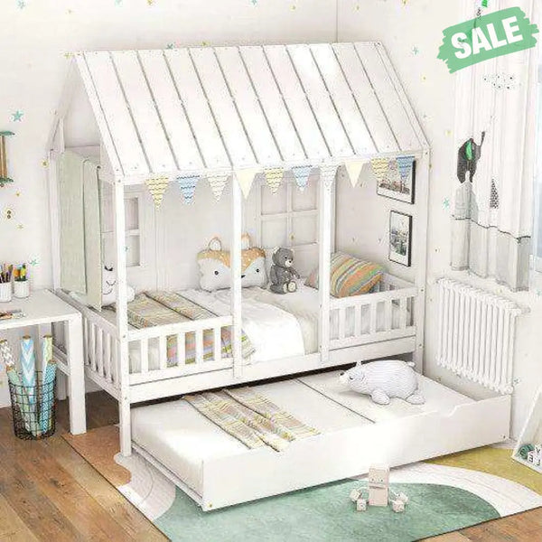 Twin Size Bed Frame House Bed with Trundle and 82 Inch Tall Roof-Gray Toddler Beds