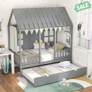 Twin Size Bed Frame House Bed with Trundle and 82 Inch Tall Roof-Gray Gray Toddler Beds