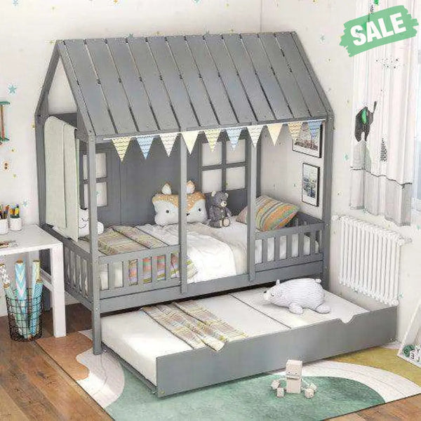 Twin Size Bed Frame House Bed with Trundle and 82 Inch Tall Roof-Gray Gray Toddler Beds