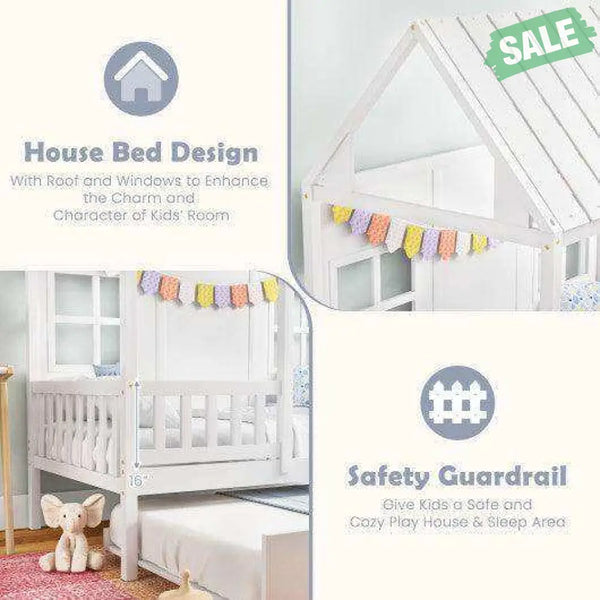 Twin Size Bed Frame House Bed with Trundle and 82 Inch Tall Roof-Gray Toddler Beds