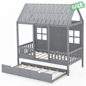 Twin Size Bed Frame House Bed with Trundle and 82 Inch Tall Roof-Gray Toddler Beds