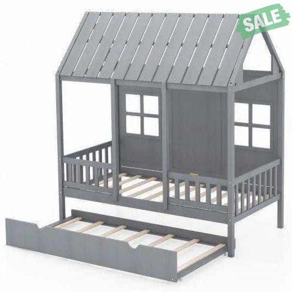 Twin Size Bed Frame House Bed with Trundle and 82 Inch Tall Roof-Gray Toddler Beds