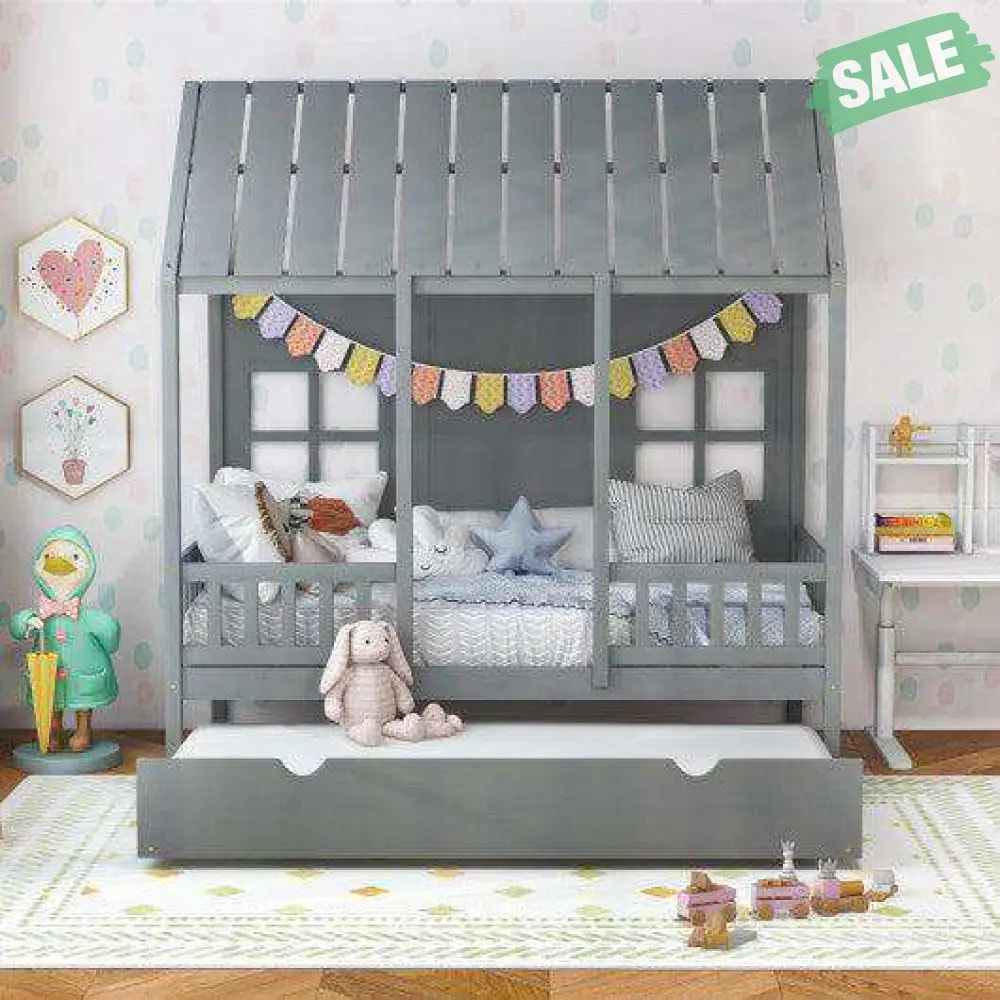 Twin Size Bed Frame House Bed with Trundle and 82 Inch Tall Roof-Gray Toddler Beds