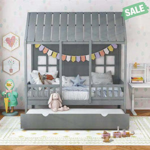 Twin Size Bed Frame House Bed with Trundle and 82 Inch Tall Roof-Gray Toddler Beds